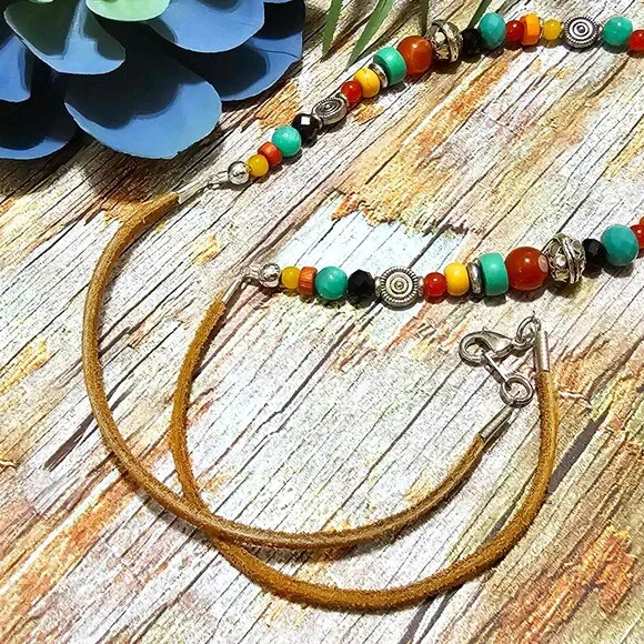 Artisan Hand Crafted Necklace Painted Horses Brown Suede Cord Colorful Beaded - Picture 9 of 12